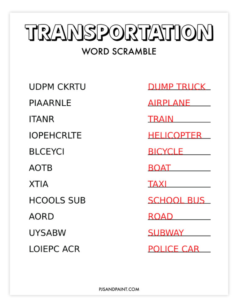 Free Printable Transportation Word Scramble - Pjs and Paint