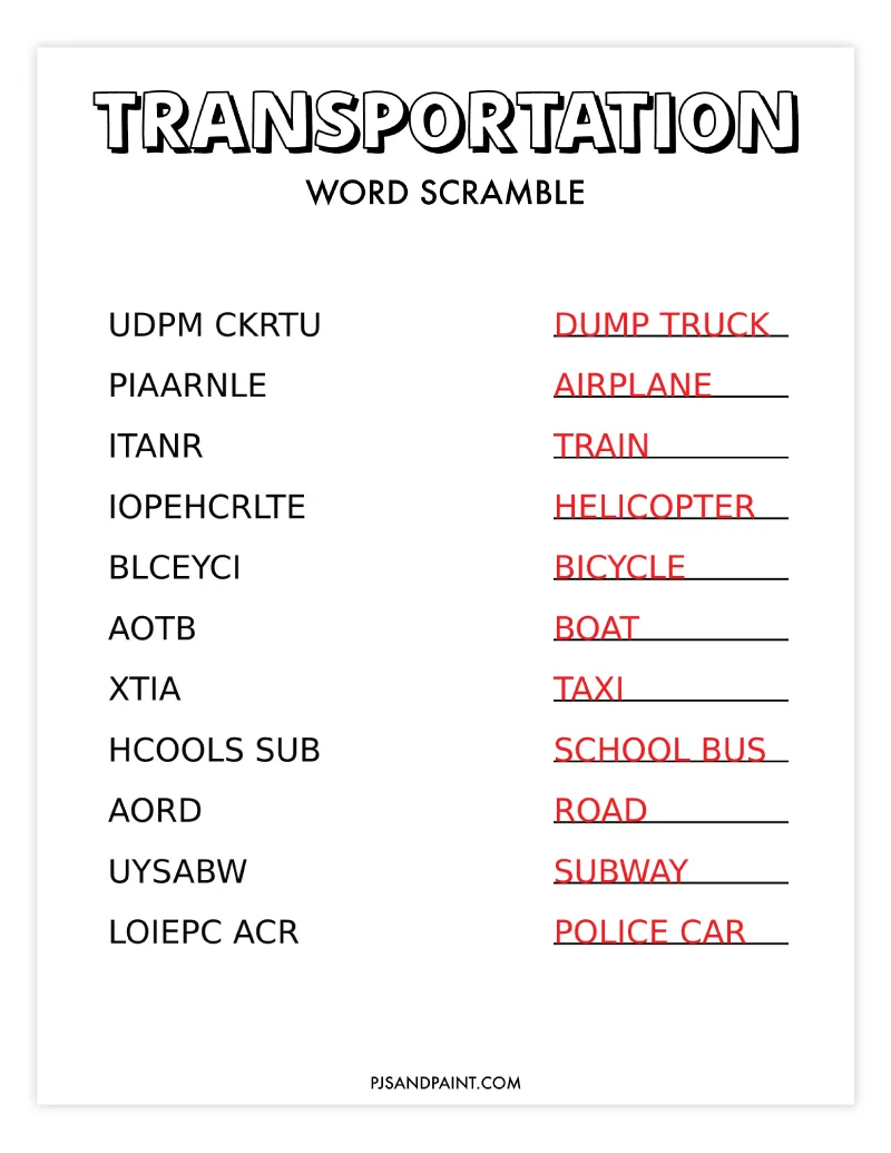 transportation word scramble answer key