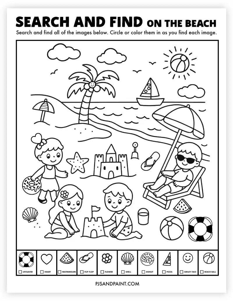 search and find on the beach pjs and paint