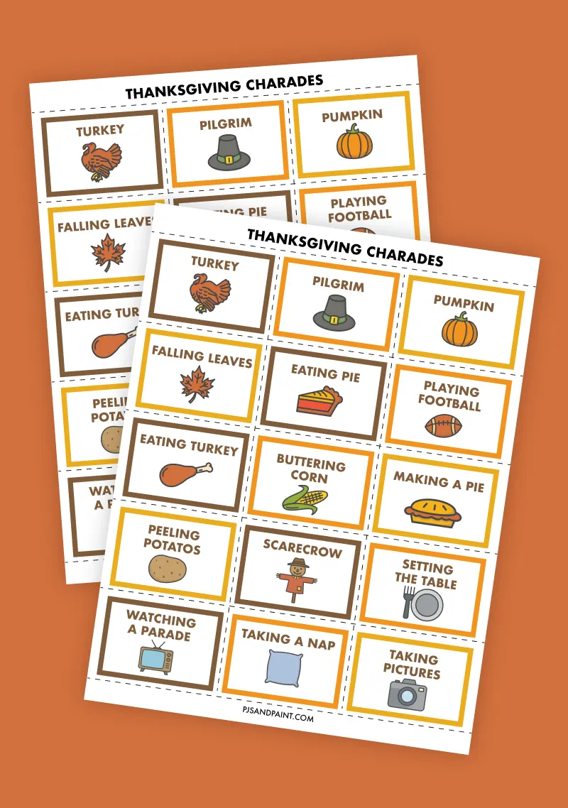 printable thanksgiving charades.jpg free printable thanksgiving charades - pjs and paint