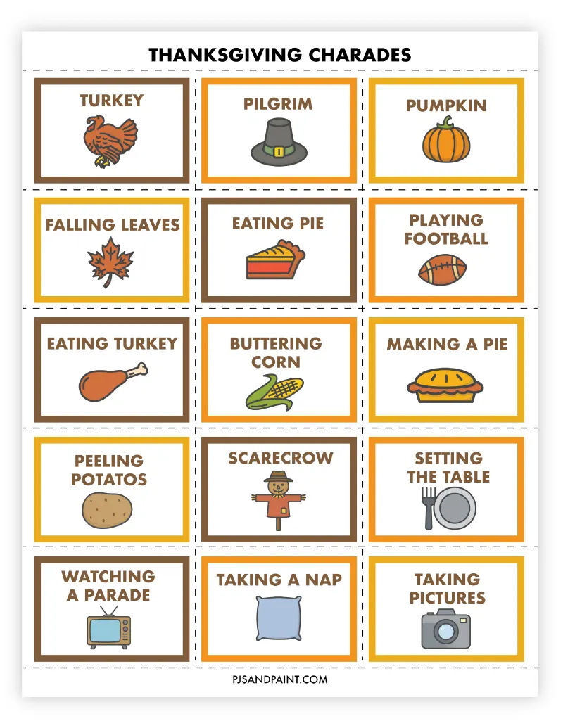 free printable thanksgiving charades - pjs and paint