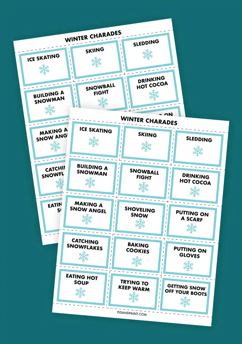 free printable winter charades - pjs and paint