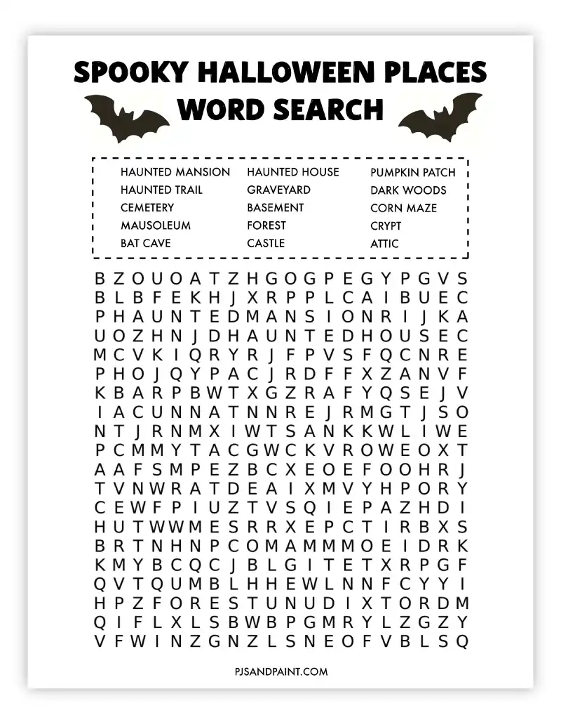spooky halloween places word search