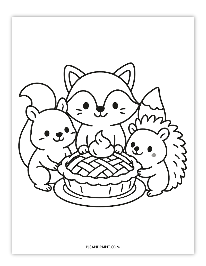 animals eating pie coloring page