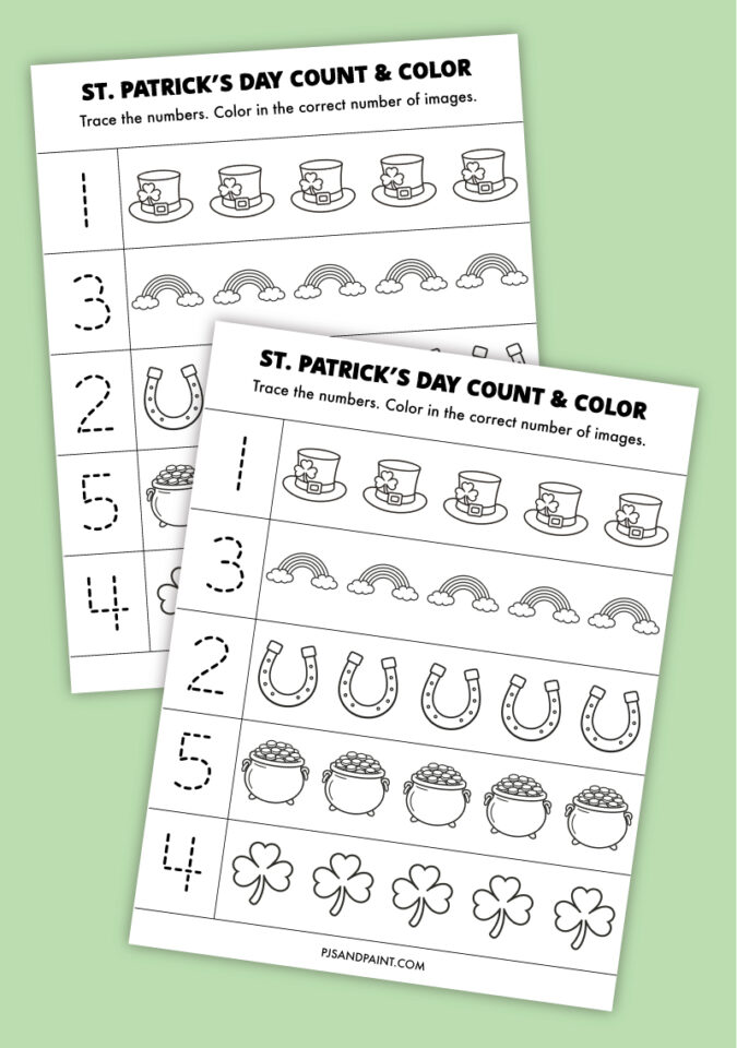Free Printable St. Patrick's Day Count and Color Worksheet - Pjs and Paint