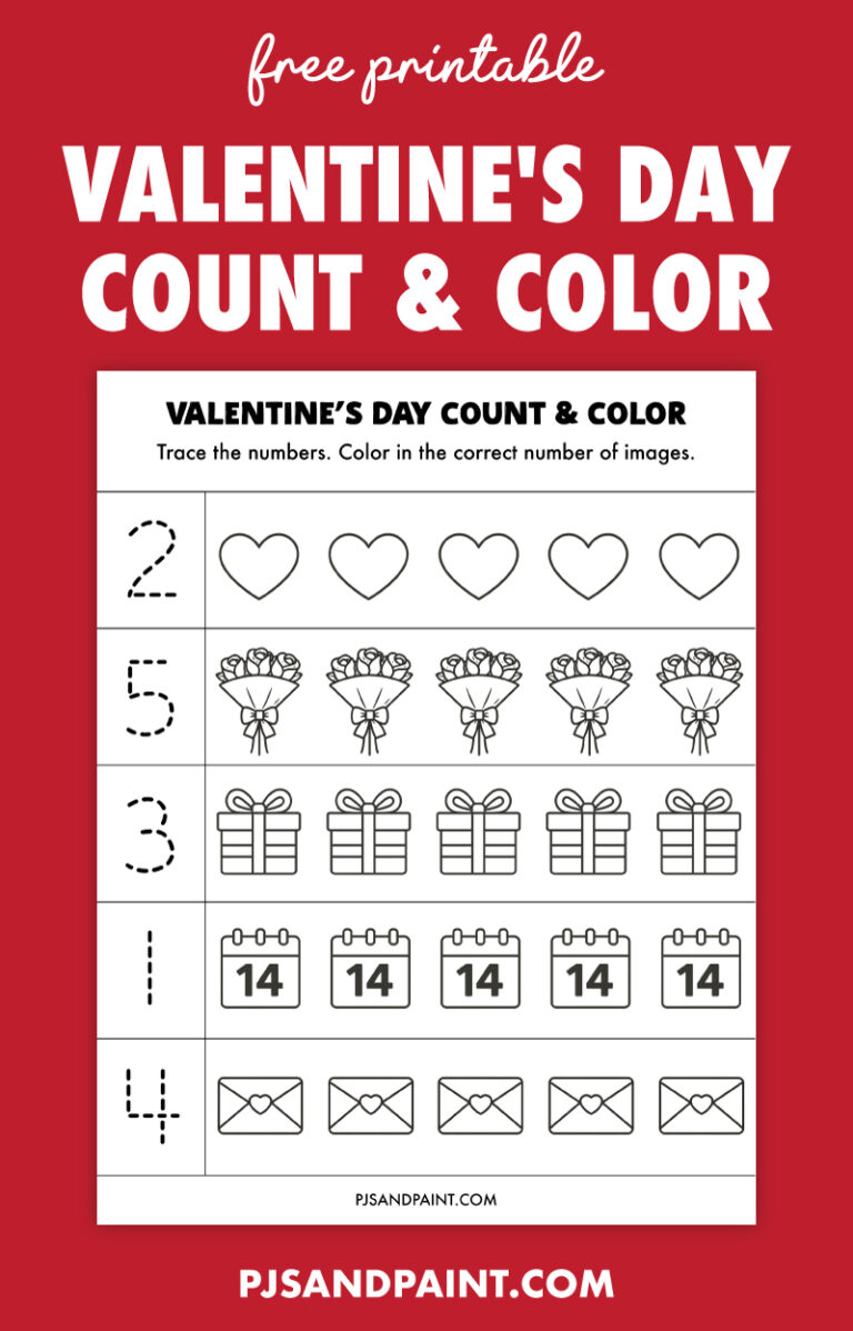 Free Printable Valentine's Day Count and Color Worksheet - Pjs and Paint