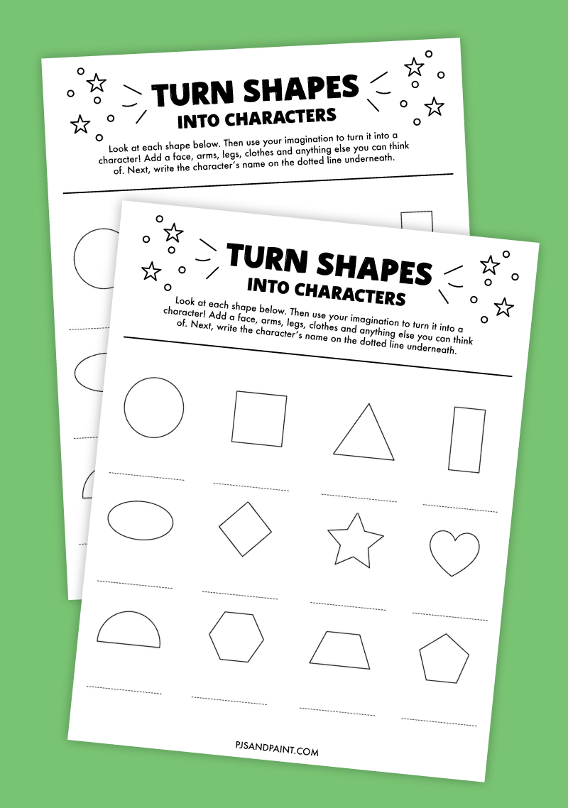free turn shapes into characters worksheet